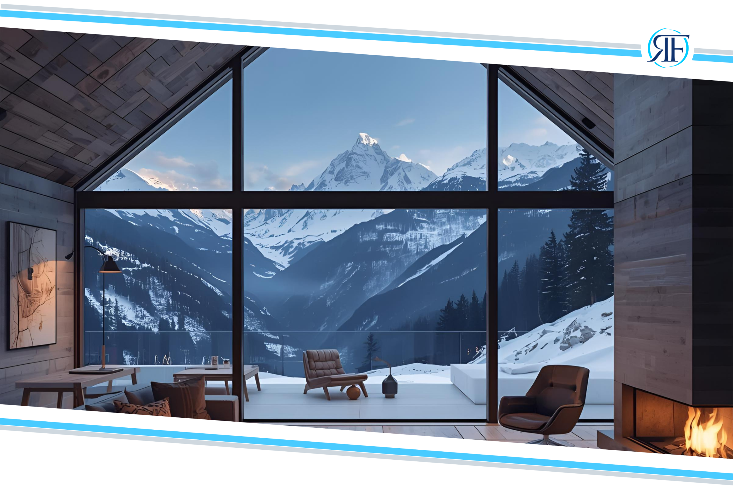 Pay Yourself First blog photo of luxury chalet open living room area with fire and view over alps